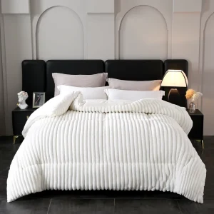 Super Soft White Plush Striped Comforter Thickened Warm Winter Bed Quilt Fluffy Rabbit Fur Like Bedding Comforter ForAlI Seasons
