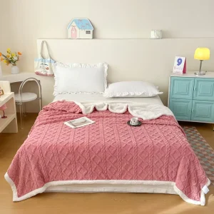 Super Soft Woven Double Sided Sherpa Blanket Pink Diamond Pattern Fluffy Bed Throw for Home All Season Use