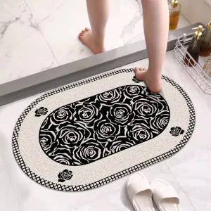 Super Water Absorbent Quick Drying Oval Polyester Bath Mat Non Slip Rubber Bottom Easy Clean Machine Made Solid Color