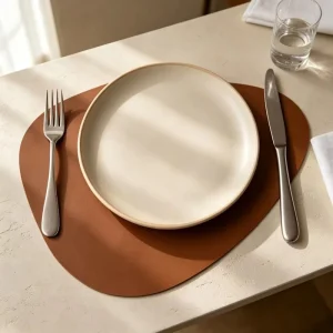 Sustainable Leather Anti Skid Table Placemat Set with Irregular Shape Walnut Caramel 40x30cm 6 Piece Kit with Coasters