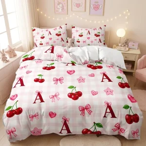 Sweet Cherry & Pink Plaid Digital Printed Girls Bedding Set 3PCS Cute Bow & Letter a Duvet Cover Set