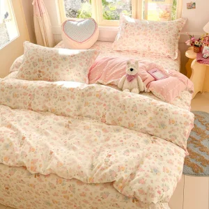 Sweet Dreams Bunny Floral Bedding Set Cozy 4 Piece Cotton Set for Dorm or Home Multiple Sizes Available