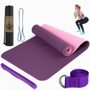 TPE 6mm Two Color Rectangular Yoga Mat 183cm Five Piece Set for Sports Fitness Includes Latex 2080 Resistance Bands Backpack