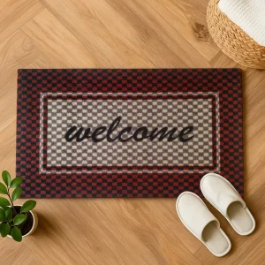 TPR Backing Printed Custom Doormat Heavy Duty Non Slip Welcome Mat for Front Door Carpet Washable Checkered Pattern
