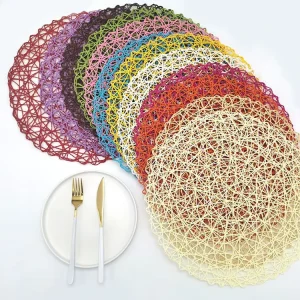 Table Decor Hollow Out Metallic Gold Charger Plates Mats Vinyl Woven Round PVC Placemats for Holiday Wedding Reception