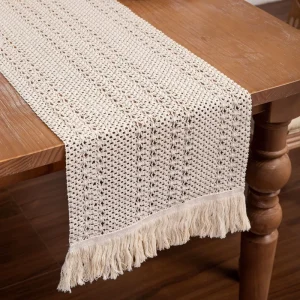 Table Runner Farmhouse Boho Black Table Runner With Woven Cotton Crochet Lace Rustic Home Decor for Bridal Shower Wedding Dinning