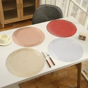 Tabletex Gold Round Placemats for Dining Table Pressed Vinyl Metallic Place Mats Table Mats for Wedding Party Decorations