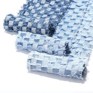 Tassel Checkerboard Blue 80% Cotton Jacquard Denim Fabric for Jeans 10.5 Oz Denim Fabric