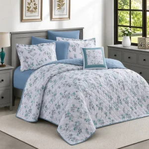 Teal Floral Quilted Polyester Comforter Set Coastal Blue Botanical Pattern Bedding White Aqua Grey Reversible Solid Home Hotel