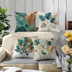 Teal Gold Leaf Floral Throw Pillow Covers Decorative Cushion Cases Set for Living Room Sofa Couch Chair