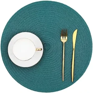 Teal Green 15-inch (38x38cm) Dining Table Placemats Washable Cotton Polyester Woven Braided Fabric Pads