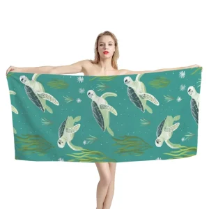 Teal Sea Turtle Sea Grass Print Custom Design Beach Towels