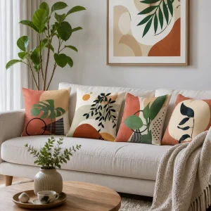 Terracotta Abstract Botanical Throw Pillow Cover Soft Polyester Boho Monstera Leaf Cushion Case Accent Shell for Bed