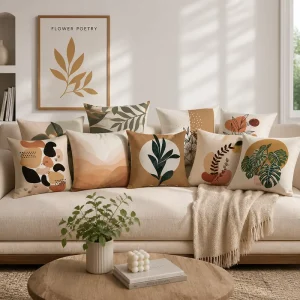 Terracotta Sage Green Boho Throw Pillow Cover Soft Polyester Abstract Monstera Leaf Cushion Case Shell for Living Room