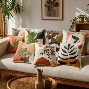 Terracotta Sage Green Throw Pillow Cover Soft Polyester Boho Abstract Sun Leaf Pattern Cushion Case Shell for Couch