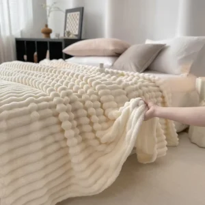 Thick Faux Rabbit Fur Throw Blanket Ultra Soft Striped Flannel for Nap Couch Office Gifting