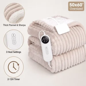 Thick Full Size Flannel Sherpa Heated Throw Blanket 3 Heat Level Auto Shut Off Machine Washable for Home