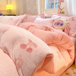 Thick Polyester Milk Velvet Bedding 4Pcs Cartoon Quilt Cover Set for Bedroom Use