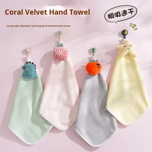 Thickened Cartoon Coral Velvet Embroidery Hand Towel Cute Plush Hanging Absorbent Square Towel Household Home