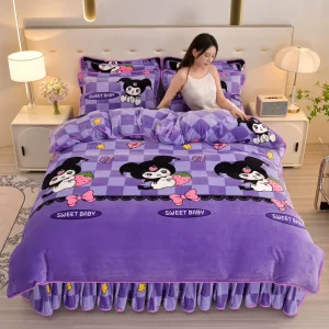 Thickened Cartoon Milk Velvet Waterproof Duvet Cover Set Warm Bed Skirt Style