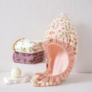 Thickened Coral Fleece Hair Drying Cap Super Absorbent Quick Dry Lace Trimmed Floral Print Towel Home Shower Custom