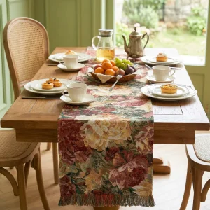 Thickened Cotton Polyester Woven Jacquard Vintage Style Customizable Countryside Flower Cluster Tassel Table Runner
