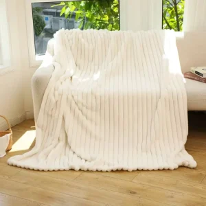 Thickened Fleece Throw Blanket Jacquard Striped Plush Flannel Faux Rabbit Fur Throw Blanket for Winter Spring