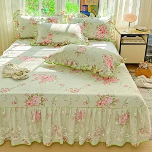 Thickened Washed Twill Brushed Printed 300tc Single Piece Modern Home Bed Skirt Floral Lace Trim Non Slip Three Piece Mattress