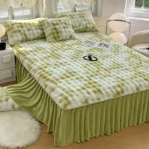 Thickened Winter Rabbit Fur Fleece Lined Non Slip Plant Pattern Coral 3 Piece Bed Skirt Set