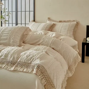 Three dimensional Cut Flower Bowknot Baroque Ethnic Style Pattern Fringed Four piece Duvet Cover Set