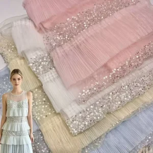 Three dimensional Sequin Ruffled Tulle Layered Bead pipe Embroidered Sheer 100% Polyester Lace Fabric Tiered Skirts Wedding