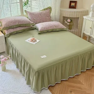 Three piece Set of Solid Color Lace New Cotton Bed Skirt Pillowcases