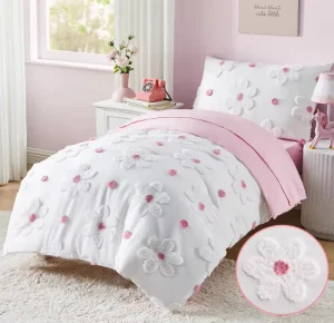 Toddler Bedding Set for Girls 4 Piece Pink Boho Tufted Daisy Flowers Toddler Comforter Set Bed in a Bag Toddler Sheets Bedroom