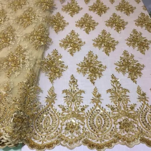 Top End Luxury Fashion New Design Gold Color Machine Beaded Lace Fabric Heavy Embroidery for Wedding Party Dresses or Bridal