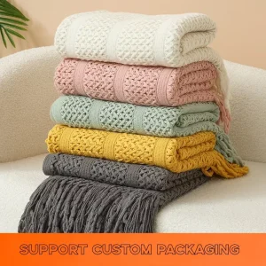 Top Quality Super Soft Warm Design Colors Textured Home Decor Acrylic Knitted Throw Blankets With Tassel Gifts Blanket