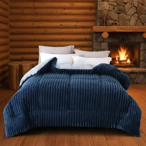 Top Rated Navy Ribbed Sherpa Comforter Luxury Warmth Super Soft Cozy Winter Bedding for Cold Nights Bedrooms King Queen