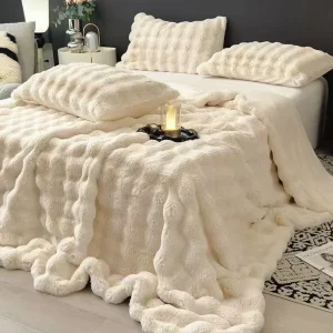 Top Selling Luxury White Throw Blanket Unique Bubble Faux Bunny Fur Sofa Bed Office Blanket for Winter