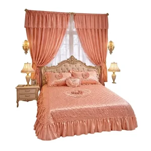 Traditional Classic Design Master Suite Decor Shiny Pink Fabric Embroidered Bedspread Set