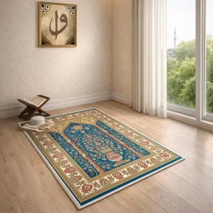 Traditional Ottoman Prayer Rug Thick Polyester High Quality for Muslim Mat Blue Floral Seccade Islamic Home Decor