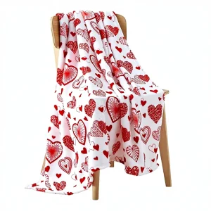 Traditional Throw Blanket Modern Design Heart Pattern Red White Colors Polyester Microfiber Fleece Velour Machine Washable 1.26