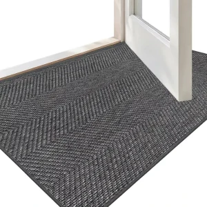 Traditional Ultra Thin Woven Polyester Indoor Door Mat 17×29 Inches Washable Non Slip Rubber Backing Herringbone Design