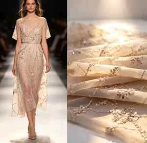 Transparent Warp Knit Embroidered Tulle Fabric Silver Bugle Bead & Sequin Medium Weight Wedding Formal Gown Material