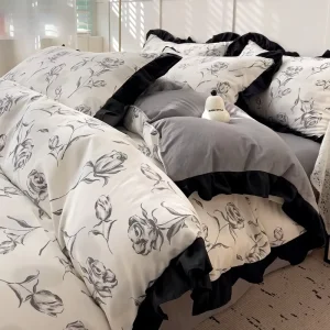 Trend Luxury French Hepburn Bedding Set Washed Cotton 4 Piece Floral Pattern Flat Fitted Sheet Pillowcases Breathable