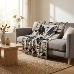 Tribal Geometric Jacquard Throw Blanket Tassel Fringe for Sofa Bed Aztec Pattern Rustic Boho Cabin Home Decor Tapestry Blanket