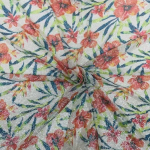 Tropical Floral Sequin Fabric Red Floral Print Shimmering Fabric for Dresses and Evening Gowns