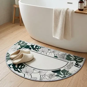 Tropical Leaf Semi Circle Bathroom Mat Non Slip Absorbent Bath Rug Quick Dry Washable Anti Slip Rubber Backing for Shower Room