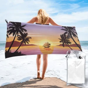 Tropical Sunset Sailboat Printed Polyester Beach Towel Quick Dry Absorbent Sand Free Storage Bag All Season Beach Vacation