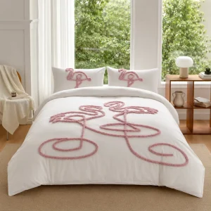 Tufted Flamingo Embroidery Duvet Cover Set Soft White Bedding Set Ultra Soft Elegant Bedroom Home Textile