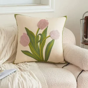 Tulip Embroidery Square Floral Canvas Decorative Pillow Cover for Living Room