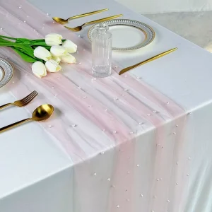 Tulle Table Runner with Pearls Sheer Gauze for Hotel Banquet Wedding Event Rental Mesh Bulk